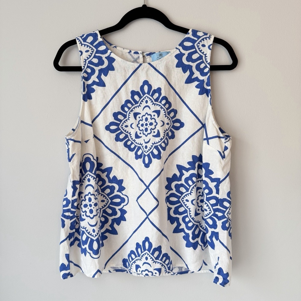 Blue White Coastal Linen Tank Top Greek Tile Resort Summer Boho Beach XL CeCe